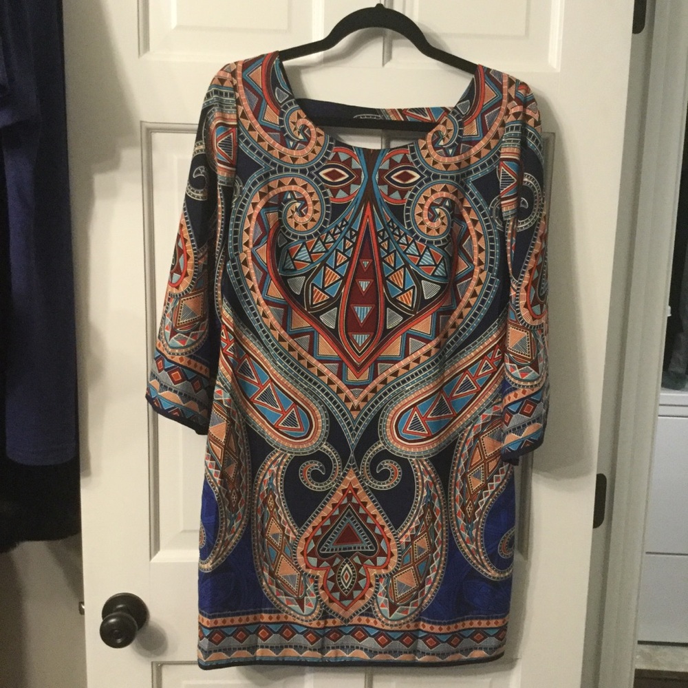 Pink Owl Aztec print dress. Bell 3/4 sleeves. S